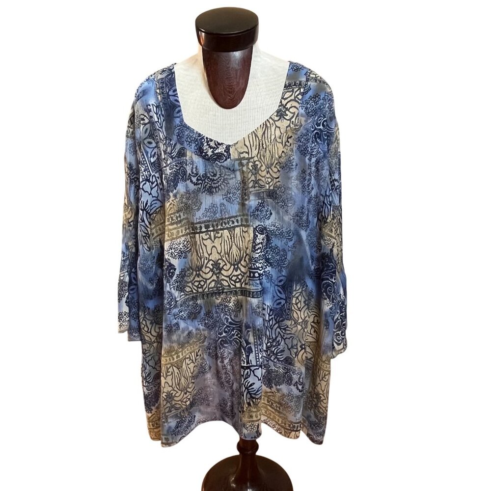 Catherines Womens Blue Beige Floral Pattern Pleated Lightweight 34/36‎ Top 5X